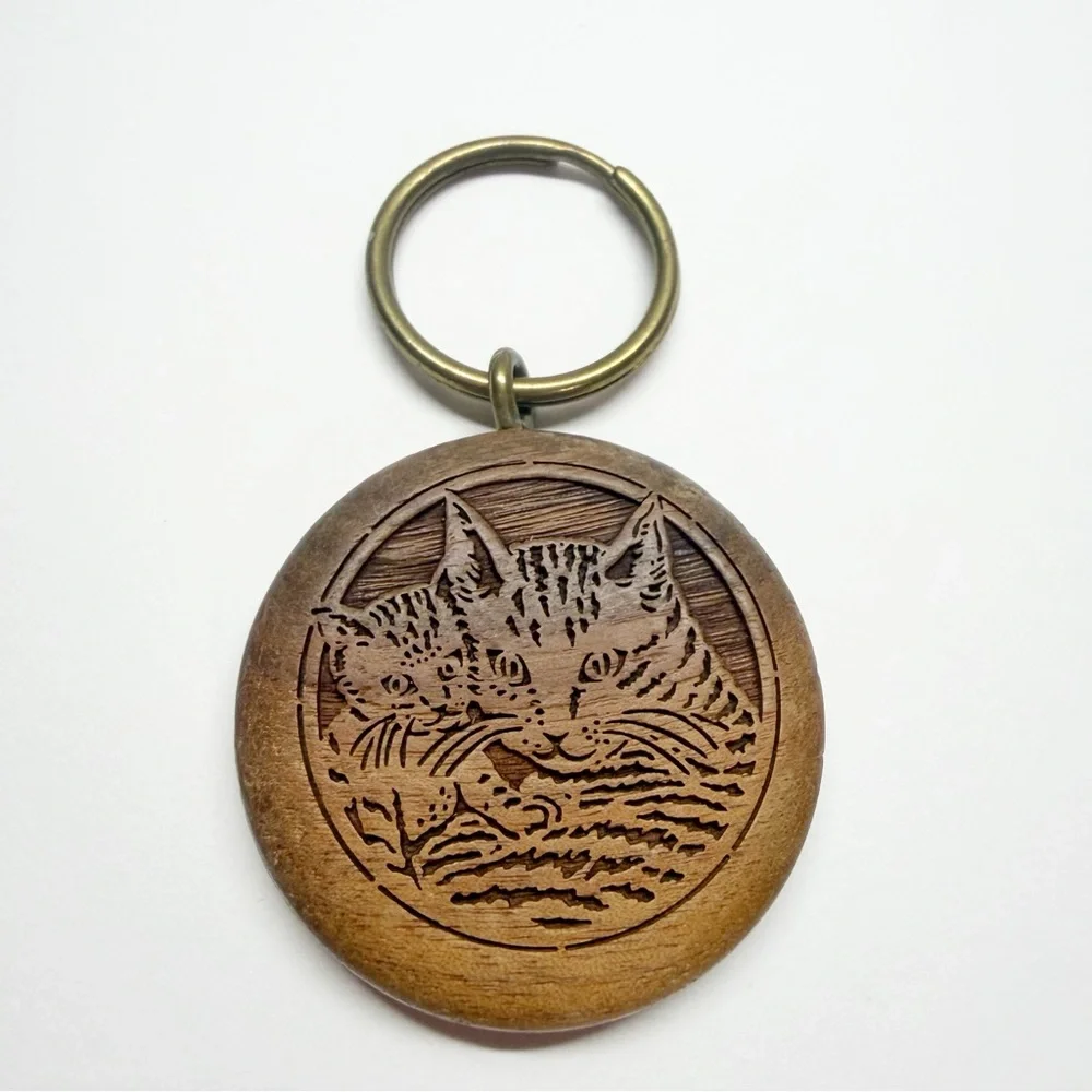 Vintage Wood Laser Engraved Cat Kitten Keychain